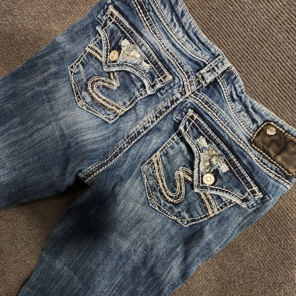 Silver Jeans Suki Flap Jeans Women 27 Blue Distressed Mid Rise Bootcut Denim